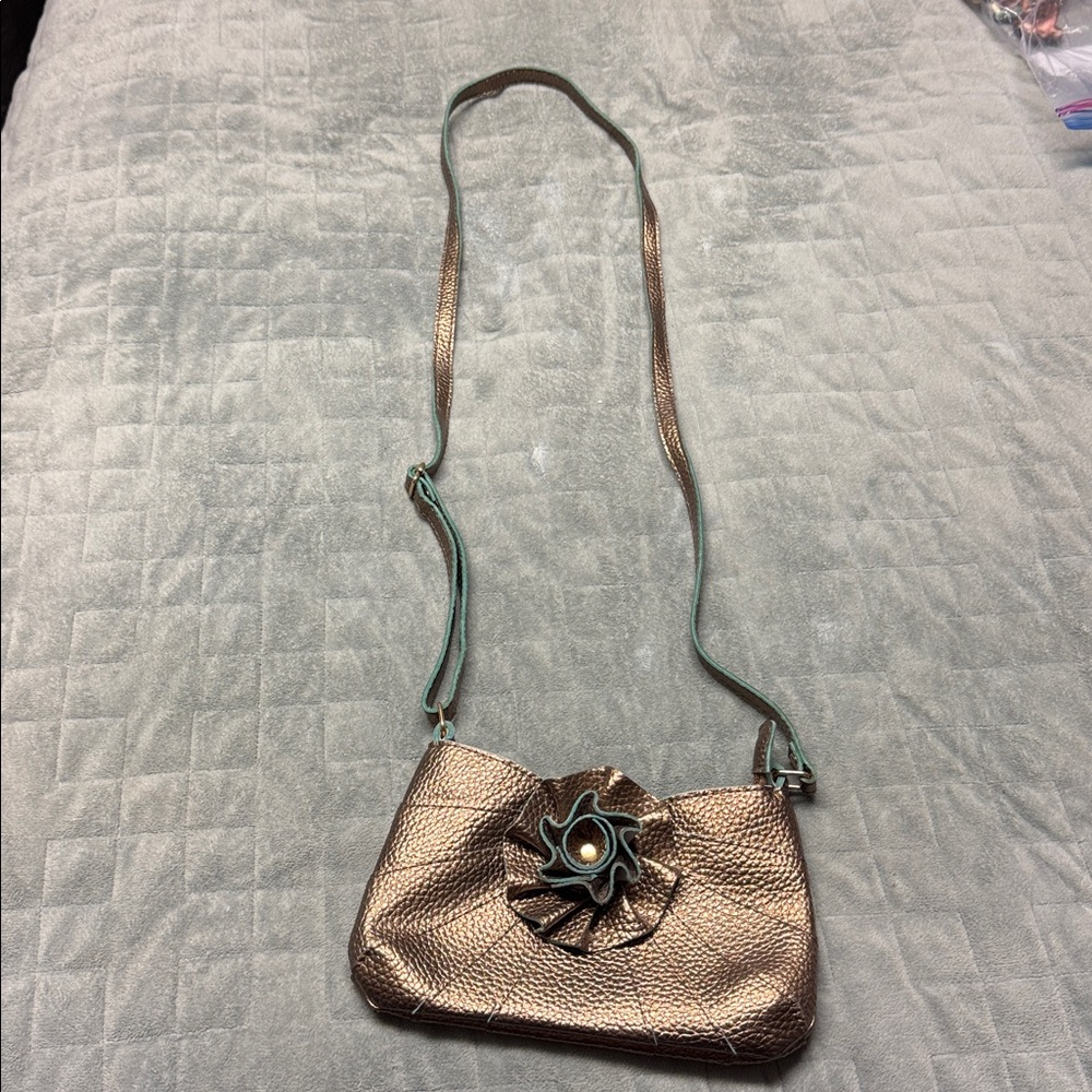 Jazzd Faux Leather Purse, Gold, Blue, Flower, Crossbody, Adjustable Strap - Picture 2 of 9